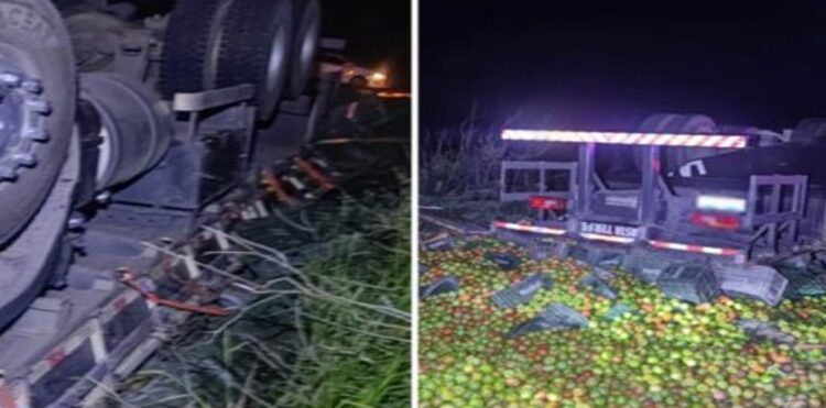 Caminhão carregado com tomates tomba na região de Barra da Estiva | FOTO: Montagem do JC |