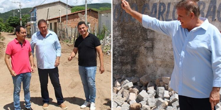 Prefeito Nixon Duarte acompanha de perto as obras de pavimentação na comunidade do Faustino | FOTO: Montagem do JC |