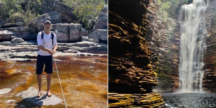 Rodrigo Santoro visitou a magnífica Cachoeira do Buracão em Ibicoara | FOTO: Montagem do JC |