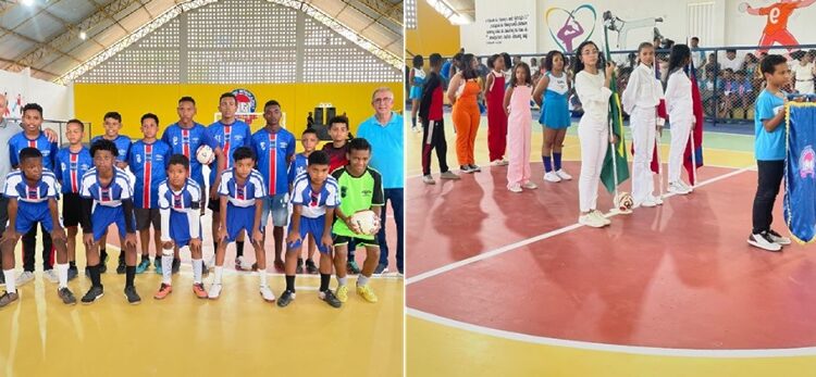 Cerimônia de inauguração das obras de requalificação da quadra da Escola Carlos Santana | FOTO: Montagem do JC |